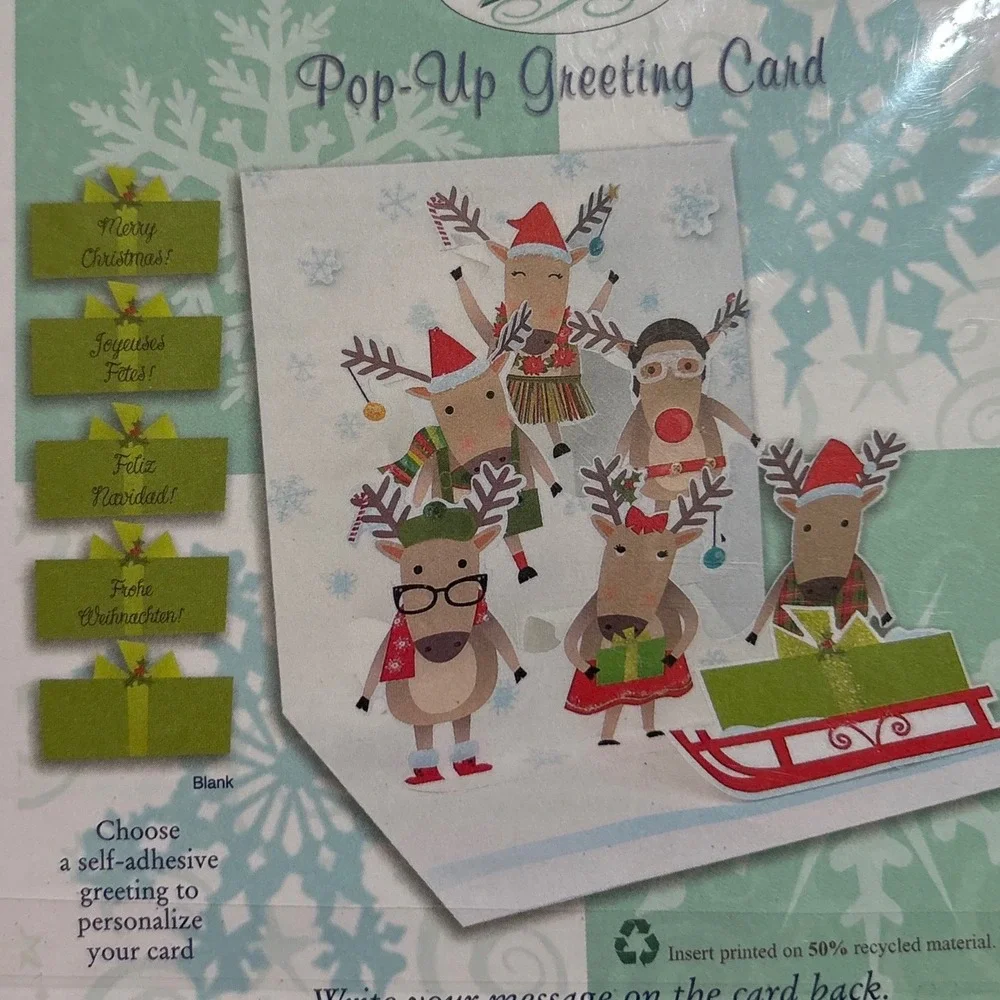 2 Treasures‎ Pop-Up Christmas Greeting Cards Reindeer Penguin New
